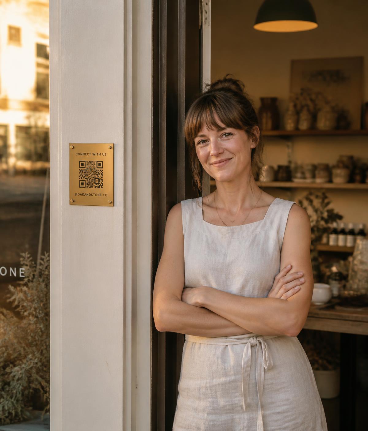 A shop owner standing in her doorway beside a small brass QR plaque