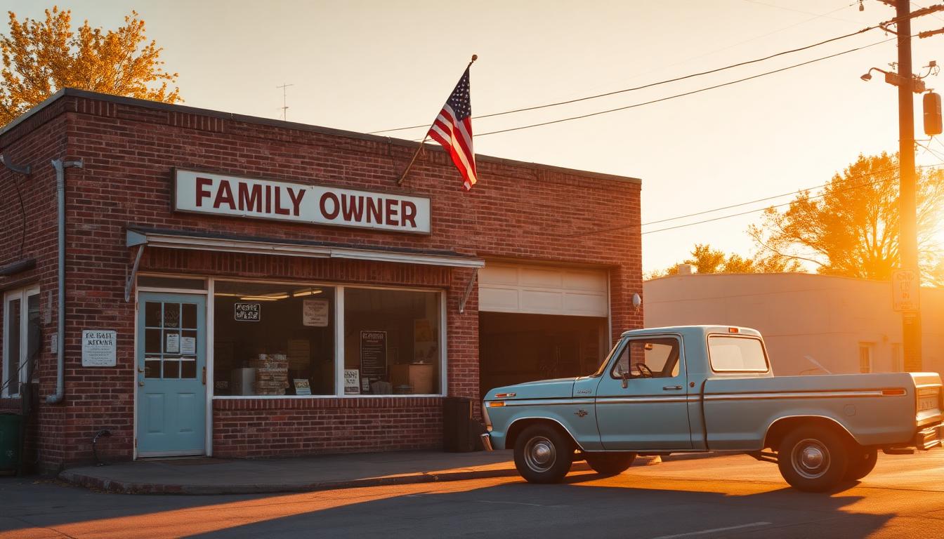 Robert's Auto Repair shopfront at golden hour with a classic pickup out front